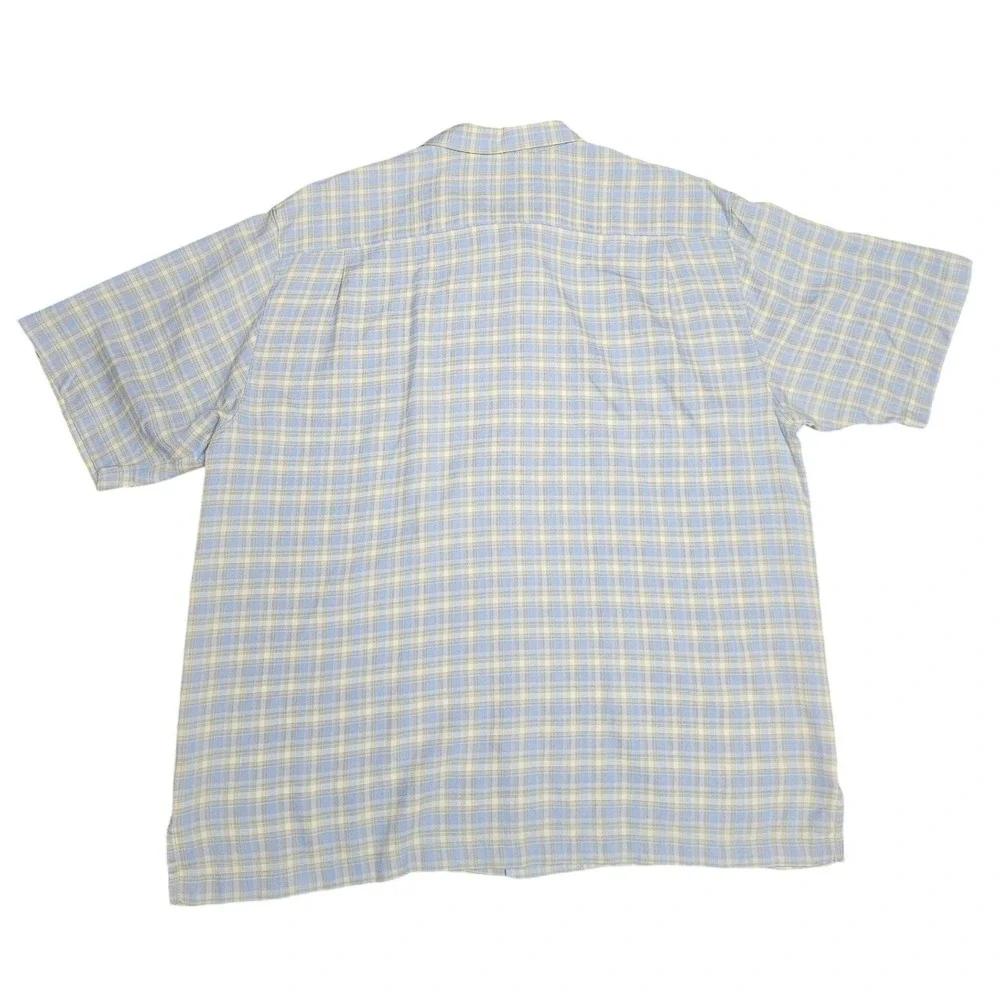 Tommy Bahama Silk Plaid Short‎ Sleeve Button Up Shirt Mens XL Blue Green